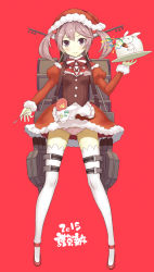 Rule 34 | 10s, 1girl, 2015, apron, cake, clothes lift, dress, food, food print, full body, fur trim, goekawa, hair bobbles, hair ornament, hat, kantai collection, long sleeves, looking at viewer, machinery, maid, maid apron, panties, pantyshot, pink eyes, pink hair, pink panties, print panties, puffy long sleeves, puffy sleeves, rabbit, red background, red dress, santa costume, santa hat, sazanami (kancolle), simple background, skirt, skirt lift, spoon, standing, strawberry panties, strawberry print, thighhighs, twintails, underwear, white thighhighs