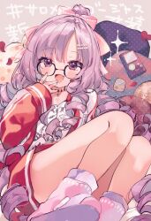 Rule 34 | 1girl, ana (rznuscrf), black-framed eyewear, blush, bow, drill hair, glasses, hair bow, hyakumantenbara salome, hyakumantenbara salome (casual), jacket, long hair, mole, mole under eye, nijisanji, official alternate costume, open clothes, open jacket, parted bangs, pillow, ponytail, purple eyes, purple hair, red jacket, smile, solo, track jacket, virtual youtuber