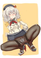 Rule 34 | 10s, 1girl, beret, black pantyhose, blush, bow, bow panties, breasts, colored eyelashes, crotch seam, epaulettes, female focus, gloves, gusset, hachi (hati d), hat, high heels, highres, kantai collection, kashima (kancolle), large breasts, long hair, looking at viewer, military, military uniform, miniskirt, panties, panties under pantyhose, pantyhose, silver hair, simple background, skirt, smile, solo, spread legs, squatting, thighband pantyhose, twintails, underwear, uniform, wavy hair, white gloves, white panties