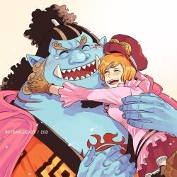 1boy 1girl 2021 black_hair blue_skin blush brown_gloves cape chest_tattoo colored_skin commentary english_commentary facial_hair gloves goatee goggles goggles_on_headwear half_updo happy_tears hat highres hood hooded_cape hug japanese_clothes jinbe_(one_piece) kimono koala_(one_piece) miniskirt one_piece open_mouth orange_kimono pink_shirt sharp_teeth shirt short_hair skirt sun_symbol tattoo tears teeth thick_eyebrows tusks twitter_username upper_body z_hard