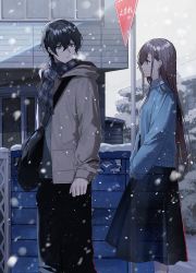 Rule 34 | 1boy, 1girl, absurdres, bag, blue eyes, breasts, brown hair, coat, commentary, highres, holding, holding bag, kuga huna, long hair, long skirt, long sleeves, looking at another, looking back, original, outdoors, profile, road sign, sign, skirt, small breasts, snow, snowing, standing, stop sign, translucent, winter, winter clothes, winter coat