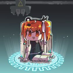 Rule 34 | 1girl, 3d printer, a.i. voice, adachi rei, android, arm support, barefoot, black shirt, black shorts, chibi, commentary request, glowing, hair ornament, hair ribbon, hairclip, headlamp, joints, looking at viewer, looking to the side, magic circle, one side up, open mouth, orange eyes, orange hair, outline, outstretched legs, radio antenna, reakaki, ribbon, robot joints, shirt, short shorts, shorts, sitting, sleeveless, sleeveless shirt, smile, solo, summoning, utau, v-shaped eyebrows, white outline, white ribbon