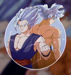 Rule 34 | 2boys, back-to-back, clenched hand, dougi, dragon ball, dragon ball super, dragon ball super super hero, electricity, father and son, frown, gohan beast, grey eyes, grey hair, highres, large pectorals, male focus, multiple boys, muscular, muscular male, naraku (zg8w5), pectorals, red eyes, serious, smile, son gohan, son goku, topless male, ultra instinct, wristband