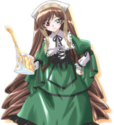 Rule 34 | 00s, 1girl, black ribbon, bonnet, brown hair, dress, green dress, green eyes, hand on own hip, heterochromia, holding, long hair, long sleeves, looking at viewer, mikage nao, neck ribbon, red eyes, ribbon, rozen maiden, simple background, solo, straightchromia, suiseiseki, very long hair, watering can, white background