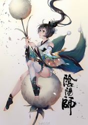 Rule 34 | 1girl, anklet, bare shoulders, barefoot, black hair, blue eyes, bow, dandelion, detached sleeves, flower, full body, hair bow, highres, japanese clothes, jewelry, kimono, leaf, leaf on head, long hair, looking up, onmyoji, plantar flexion, ponytail, short kimono, sitting, sleeveless, sleeveless kimono, solo, thighhighs, toeless legwear, toes, white thighhighs, wide sleeves, xi chu yang guan, ying grass