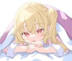 Rule 34 | 1girl, blonde hair, blush, flandre scarlet, hair between eyes, looking at viewer, lying, no headwear, on stomach, one side up, open mouth, pajamas, paragasu (parags112), pillow, pink blanket, pink pajamas, red eyes, short hair, simple background, solo, touhou, under covers, white background