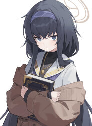 Rule 34 | 1girl, bags under eyes, black eyes, black hair, blue archive, blue hairband, book, closed mouth, fuwawa (fuwawa617), hairband, halo, highres, holding, holding book, jewelry, long hair, long sleeves, looking at viewer, necklace, school uniform, simple background, solo, ui (blue archive), upper body, white background