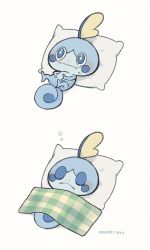 Rule 34 | ayu (mog), blanket, checkered blanket, closed mouth, creatures (company), closed eyes, game freak, gen 8 pokemon, lying, multiple views, nintendo, no humans, on back, pillow, pokemon, pokemon (creature), signature, simple background, sleeping, sobbing, sobble, tears, white background