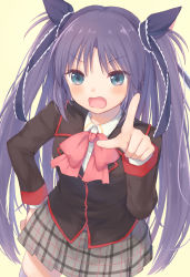 Rule 34 | 1girl, black jacket, blue eyes, blush, bow, eyes visible through hair, fangs, hair ribbon, highres, jacket, kazane mari, little busters!, long hair, looking at viewer, open mouth, plaid, plaid skirt, pleated skirt, purple hair, red bow, ribbon, sasasegawa sasami, school uniform, simple background, skirt, solo, standing, thighhighs, thighs, twintails