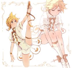 Rule 34 | 1boy, ballet slippers, blonde hair, blue eyes, bow, bowtie, choker, closed eyes, collared shirt, expressionless, framed, gold trim, headphones, highres, holding own foot, hugging own legs, kagamine len, knees up, legs together, miku symphony (vocaloid), multiple views, nail polish, nifffi, official alternate costume, ponytail, puffy sleeves, ribbon, see-through, shirt, short ponytail, shorts, sitting, smile, split, standing, standing on one leg, standing split, vocaloid, wristband