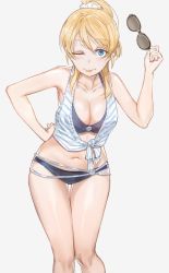 Rule 34 | 10s, 1girl, ;p, absurdres, ayase eli, bikini, blonde hair, blue eyes, breasts, cleavage, unworn eyewear, free style (yohan1754), glasses, grey background, hand on own hip, highres, holding, holding removed eyewear, legs together, leaning forward, looking at viewer, love live!, love live! school idol festival, love live! school idol project, navel, one eye closed, ponytail, scrunchie, shirt, solo, sunglasses, swimsuit, tied shirt, tongue, tongue out, wink