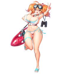 Rule 34 | 1girl, :3, ags (last origin), ahoge, bikini, binoculars, bracelet, breasts, cerberus (last origin), character doll, fang, full body, game cg, gluteal fold, goggles, goggles on head, hair between eyes, highres, jewelry, large breasts, last origin, lifeguard, looking at viewer, miss safety, mole, mole under eye, navel, official art, open mouth, orange hair, sandals, sd3m pupphead, short hair, short twintails, side-tie bikini bottom, sidelocks, sima (startwitch), simple background, skindentation, solo, string bikini, surfboard, swimsuit, tachi-e, thick thighs, thigh strap, thighs, transparent background, twintails, v, whistle, whistle around neck, white bikini, wide hips, zipper