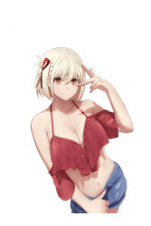 Rule 34 | 1girl, absurdres, bare shoulders, bikini, blonde hair, blue shorts, breasts, cleavage, closed mouth, crop top, cropped legs, cutoffs, denim, denim shorts, hair ribbon, highres, imaizumi (user yuwf7555), large breasts, lycoris recoil, midriff, nail polish, navel, nishikigi chisato, off-shoulder shirt, off shoulder, one side up, red eyes, red ribbon, red shirt, ribbon, shirt, short hair, short shorts, shorts, simple background, smile, solo, stomach, swimsuit, v over eye, white background