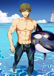 Rule 34 | 1boy, abs, beach, black male swimwear, brown hair, bulge, erection, erection under clothes, free!, green eyes, highres, inflatable toy, inflatable whale, legskin, male focus, male swimwear, muscular, muscular male, pants, pectorals, smile, solo, swimsuit, tachibana makoto, topless male, vimen64411282, whale