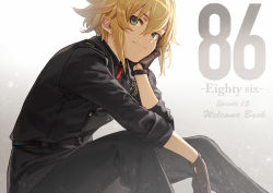 Rule 34 | 1boy, 86 -eightysix-, arm support, black jacket, black pants, blonde hair, brown gloves, buttons, closed mouth, copyright name, double-breasted, from side, gloves, green eyes, hair between eyes, head rest, jacket, long sleeves, looking at viewer, male focus, pants, shirabi, short hair, sidelocks, sitting, smile, solo, theoto rikka