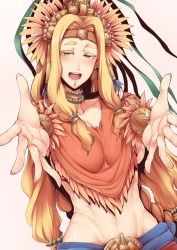 Rule 34 | 1girl, :d, abs, breasts, brown hair, cleavage, fate/grand order, fate (series), green eyes, headwear request, highres, long hair, looking at viewer, nakamura regura, open mouth, quetzalcoatl (fate), reaching, reaching towards viewer, smile, solo, teeth