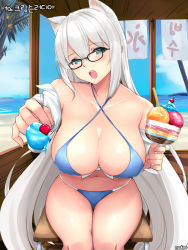 Rule 34 | 1girl, animal ears, artist name, bikini, blue bikini, blush, breasts, cat ears, cherry, cleavage, collarbone, day, dungeon and fighter, eyebrows, food, foreshortening, fruit, glasses, green eyes, halterneck, holding, holding spoon, ice cream, incoming food, large breasts, long hair, looking at viewer, navel, open mouth, outdoors, shaojiang, sitting, solo, spoon, sundae, swimsuit, teeth, very long hair, wafer stick, white hair