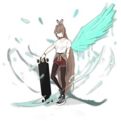 Rule 34 | 1girl, absurdres, arm behind back, bandaid, bandaid on arm, breasts, brown eyes, brown hair, choker, clothes around waist, feather hair ornament, feathers, full body, hair ornament, highres, hololive, hololive english, pantyhose under shorts, long hair, longboard, medium breasts, nanashi mumei, o-ring, o-ring choker, pantyhose, ponytail, red shorts, saruissaart, shirt, shirt around waist, shoes, shorts, single wing, skateboard, sneakers, solo, t-shirt, very long hair, virtual youtuber, wings, wristband