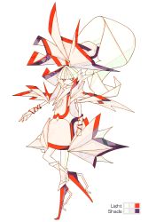 Rule 34 | 1girl, abstract, bow, bright pupils, closed mouth, cubism, dress, fujiwara no mokou, hair bow, harano kaguyama, high heels, highres, long hair, palette (object), red eyes, red footwear, shirt, solo, standing, standing on one leg, touhou, white background, white dress, white hair, white pupils, white shirt