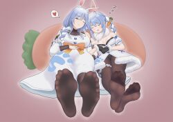 Rule 34 | 2girls, absurdres, blue hair, blush, braid, closed eyes, feet, highres, hololive, long hair, looking at viewer, mother and daughter, multicolored hair, multiple girls, one eye closed, open mouth, pantyhose, pekomama, red eyes, sleeping, soles, toes, treadml, twin braids, two-tone hair, usada pekora
