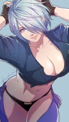Rule 34 | 1girl, angel (kof), arms behind head, artist name, blue eyes, breasts, cleavage, grey hair, hair over one eye, highres, large breasts, legs, looking at viewer, midriff, navel, parted lips, pink lips, short hair, smile, snk, the king of fighters, thick thighs, thighs