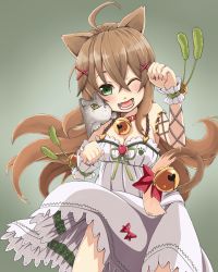 Rule 34 | animal, animal ears, animal on shoulder, bell, breasts, brown hair, cat, cat ears, cat on shoulder, cat tail, cleavage, enokorogusa (flower knight girl), flower knight girl, highres, hyoiki, long hair, paw pose, solo, tail, tail bell, tail ornament