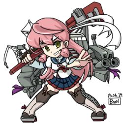 Rule 34 | 10s, 1girl, adjustable wrench, akashi (kancolle), bael-38, bandana, chibi, green eyes, hair ribbon, hip vent, kantai collection, long hair, looking at viewer, lowres, oversized object, pink hair, ribbon, school uniform, serafuku, simple background, skirt, smile, solo, thighhighs, tress ribbon, twintails, wrench
