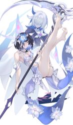 Rule 34 | 2girls, ass, bare shoulders, barefoot, black hair, blue eyes, blue hair, breasts, cleavage, closed mouth, colored inner hair, covered eyes, dress, feet, flower, grey hair, hair flower, hair ornament, hair over eyes, highres, holding, holding scythe, honkai (series), honkai impact 3rd, large breasts, legs, legs up, long hair, looking at viewer, multicolored hair, multiple girls, neon (pixiv 31150749), parted lips, scythe, seele vollerei, seele vollerei (herrscher of rebirth), short hair, toes, white dress