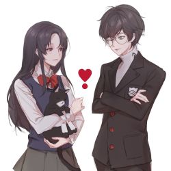 Rule 34 | 1boy, 1girl, amamiya ren, animal, animal hug, black hair, black jacket, bow, brown skirt, cat, closed mouth, collared shirt, commentary request, crossed arms, glasses, grey shirt, heart, highres, holding, holding animal, holding cat, jacket, long hair, long sleeves, looking at another, morgana (persona 5), one eye closed, original, persona, persona 5, pleated skirt, purple eyes, red bow, red neckwear, shirt, short hair, simple background, skirt, smile, tanu0706, vest