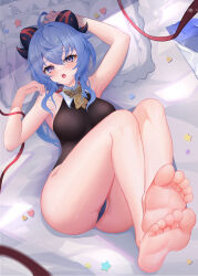 Rule 34 | 1girl, absurdres, ahoge, arm up, armpits, arms up, bare arms, bare legs, bare shoulders, barefoot, bed, bell, black leotard, blue hair, blue nails, blush, breasts, cowbell, feet, feet up, foot focus, full body, furrowed brow, ganyu (genshin impact), genshin impact, goat horns, hair between eyes, highleg, highleg leotard, highres, horns, legs, leotard, leotard under clothes, lml, long hair, looking at viewer, lying, medium breasts, nail polish, neck bell, on back, open mouth, pillow, purple eyes, sidelocks, soles, solo, thick thighs, thighlet, thighs, toes, tongue