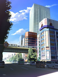 Rule 34 | absurdres, akihabara (tokyo), artist name, billboard, blue sky, building, car, cloud, commentary request, dated, day, highres, horikou, motor vehicle, no humans, non porn, original, outdoors, power lines, real life, real world location, revision, road, road sign, scenery, shadow, sign, sky, street, sunlight, tokyo (city), traffic, traffic light, train, tree, truck, van