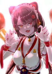 Rule 34 | 1girl, :3, animal ears, bell, black collar, brown eyes, claw pose, collar, collarbone, dog ears, dog girl, eyebrows hidden by hair, fang, heterochromia, highres, inui toko, inui toko (valkyrie hero), maid headdress, makamu, nail polish, neck bell, nijisanji, obi, official alternate costume, open mouth, portrait, red eyes, red nails, sash, smile, solo, virtual youtuber, white background