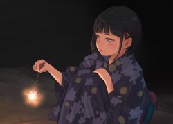 Rule 34 | 1girl, black hair, commentary, dark, fireworks, holding, japanese clothes, kimono, kyak bamboo, original, outdoors, senkou hanabi, solo, sparkler, squatting, yukata