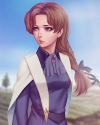 Rule 34 | 1girl, altena, artist name, ascot, bad id, bad pixiv id, belt, blue eyes, blue sky, blurry, blurry background, braid, brooch, brown hair, cape, closed mouth, commentary, day, depth of field, dress, expressionless, farm, hair ribbon, highres, jewelry, lips, long hair, looking to the side, miura-n315, noir (anime), nose, outdoors, purple dress, ribbon, single braid, sky, solo, tree, wing collar
