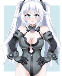 Rule 34 | bare shoulders, black heart (neptunia), blue background, bodysuit, breasts, cleavage, gloves, green eyes, happy, highres, long hair, matrixjudge, medium breasts, neptune (series), noire (neptunia), open mouth, thighs, tsundere, twintails, white hair