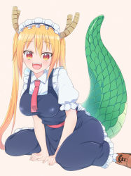 Rule 34 | 10s, 1girl, blonde hair, blush, breasts, dragon girl, dragon horns, dragon tail, dress, horns, kobayashi-san chi no maidragon, large breasts, long hair, looking at viewer, maid, maid headdress, maromi air, monster girl, necktie, open mouth, red eyes, red necktie, scales, shoes, short sleeves, simple background, sitting, slit pupils, solo, tail, tohru (maidragon), twintails, wariza