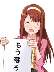 Rule 34 | ^ ^, blouse, brown hair, closed eyes, dot nose, hairband, hands up, holding, holding paper, idolmaster, idolmaster million live!, jacket, lielos, light blush, long hair, long sleeves, open mouth, paper, pink jacket, shirt, smile, solo, tanaka kotoha, translation request, upper body, white background, yellow hairband, yellow shirt