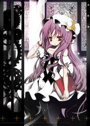 Rule 34 | 1girl, bare shoulders, book, catbell, crescent, crescent moon, female focus, gears, hat, long hair, moon, patchouli knowledge, purple hair, red eyes, solo, touhou