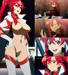 Rule 34 | 00s, 1girl, 2boys, breasts, breasts out, functionally nude, jacket, multiple boys, multiple views, naked jacket, navel, nude, nude filter, pussy, revealing clothes, sitting, standing, tengen toppa gurren lagann, third-party edit, uncensored, yoko littner
