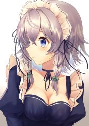 Rule 34 | 1girl, ahoge, blue choker, blue dress, blue eyes, blue ribbon, blush, bow, braid, breasts, choker, cleavage, collarbone, commentary request, dress, eyes visible through hair, gradient background, green bow, grey background, hair between eyes, hair bow, hair ribbon, highres, izayoi sakuya, juliet sleeves, long sleeves, looking to the side, maid, maid headdress, medium breasts, mole, mole under eye, nenobi (nenorium), puffy sleeves, ribbon, ribbon choker, shiny skin, silver hair, smile, solo, touhou, twin braids, upper body, white background