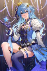Rule 34 | absurdres, boots, cake, crown, food, gloves, hair ornament, highres, hololive, hoshimachi suisei, hoshimachi suisei (stellar into the galaxy), idol clothes, looking at viewer, mini crown, o-ring, o-ring thigh strap, official alternate hair length, official alternate hairstyle, quilted clothes, single glove, single thigh boot, star (symbol), star hair ornament, star in eye, strawberry cake, symbol in eye, thigh boots, thigh strap, thighs, tori udon, virtual youtuber