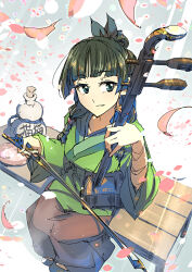 1girl blue_footwear bottle cup erhu falling_petals freckles green_eyes green_hair green_shirt instrument kusuriya_no_hitorigoto light_rays looking_at_object maomao_(kusuriya_no_hitorigoto) petals pink_petals sakazuki sake_bottle shirt sitting skirt solo supe_(yuusyasupepen) text_print twintails wooden_chair