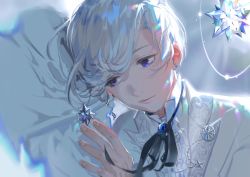 Rule 34 | 1boy, absurdres, backlighting, bad id, bad pixiv id, black ribbon, blazer, blue eyes, closed mouth, commentary request, curly hair, dutch angle, earrings, eyelashes, gem, half-closed eyes, hand up, highres, iridescent, jacket, jewelry, lips, long sleeves, male focus, mismatched earrings, neck ribbon, original, ribbon, rrr (reason), solo, stud earrings, swept bangs, upper body, white blazer, white hair, white theme