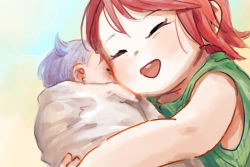 Rule 34 | 2girls, baby, bang dream!, child, commentary request, closed eyes, green sweater, highres, holding baby, hug, medium hair, multiple girls, nichiju (you), open mouth, purple hair, red hair, ribbed sweater, short hair, siblings, sisters, sleeveless, sleeveless sweater, smile, sweater, udagawa ako, udagawa tomoe, aged down
