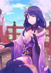 Rule 34 | 2girls, aonikuro, blue sky, breasts, cherry blossoms, flower, genshin impact, hair flower, hair ornament, hand on own chest, highres, japanese clothes, kimono, crossed legs, long hair, looking at viewer, miko, mole, mole under eye, multiple girls, petals, purple eyes, purple hair, purple kimono, purple legwear, raiden shogun, sitting, sky, smile, table, thighhighs, wide sleeves, zettai ryouiki