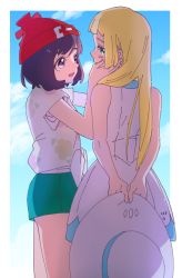 Rule 34 | 2girls, ankea (a-ramo-do), aqua eyes, arms behind back, bare shoulders, beanie, black eyes, black hair, blonde hair, blue sky, blush, border, cloud, creatures (company), day, dress, female focus, floral print, from behind, from side, game freak, green shorts, half-closed eyes, hand on another&#039;s face, hand up, happy, hat, lillie (pokemon), long hair, looking at another, looking away, looking back, matching hair/eyes, multiple girls, nintendo, open mouth, outdoors, poke ball theme, pokemon, pokemon sm, red headwear, selene (pokemon), shirt, short hair, short shorts, short sleeves, shorts, sky, sleeveless, sleeveless dress, smile, standing, sun hat, swept bangs, tied shirt, undershirt, unworn hat, unworn headwear, white border, white dress, white headwear, yuri