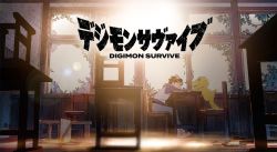 Rule 34 | 1boy, agumon, black eyes, black hair, black shirt, blue jacket, broken window, chair, classroom, claws, creature, day, desk, digimon, digimon (creature), digimon survive, goggles, goggles on head, green eyes, grey pants, hood, hooded jacket, indoors, jacket, key visual, lens flare, logo, looking at another, momotsuka takuma, official art, on chair, pants, promotional art, red-framed eyewear, school chair, school desk, shirt, shoes, sitting, smile, sneakers, standing, standing on chair, sunlight, tail, ukumo uichi, white footwear, white jacket