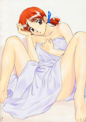 Rule 34 | 1990s (style), 1girl, adachi taeko, arm support, barefoot, blanket, blush, brown eyes, feet, female focus, freckles, highres, lying, polorinken, red hair, sentimental graffiti, short hair, short twintails, solo, spread legs, swimsuit, twintails