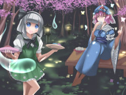 Rule 34 | 2girls, :d, ^ ^, bad id, bad pixiv id, blue eyes, bug, butterfly, cherry blossoms, closed eyes, covering own mouth, food, hat, highres, insect, konpaku youmu, konpaku youmu (ghost), marionette (excle), multiple girls, night, open mouth, pink hair, plate, pointing, saigyouji yuyuko, short hair, silver hair, smile, touhou, triangular headpiece