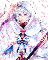 Rule 34 | 1boy, bishounen, commentary request, falling petals, fate/grand order, fate (series), flower, flower knot, hair between eyes, hair ornament, high collar, holding, holding staff, hood, hood up, hooded robe, long hair, long sleeves, looking at viewer, male focus, merlin (fate), open mouth, petals, pink flower, purple eyes, ribbon, robe, simple background, smile, solo, staff, tagada, teeth, upper body, upper teeth only, very long hair, white background, white hair, white robe